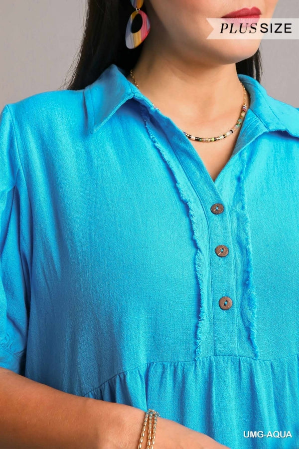 PLUS-Puffed sleeve linen dress