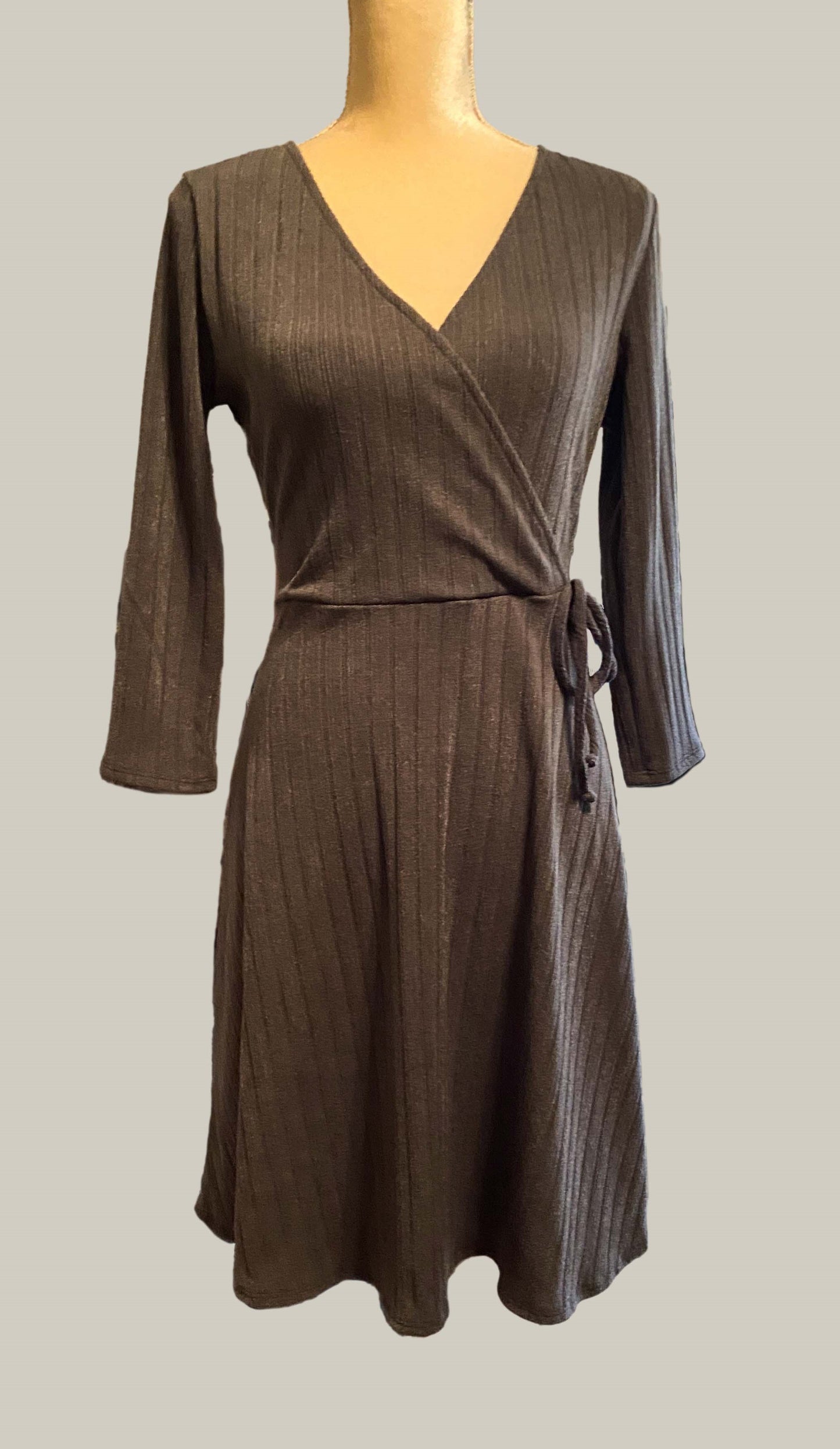Plus-3/4 sleeve faux wrap sweater dress
