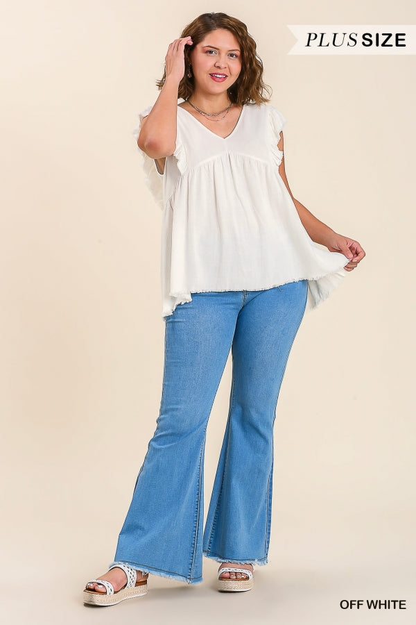 PLUS Off-white linen blend ruffle top