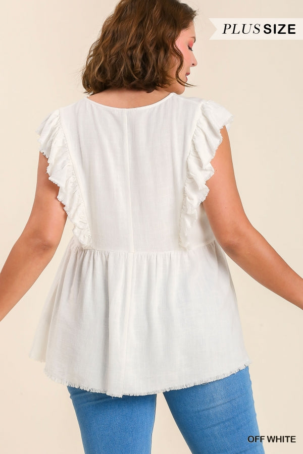 PLUS Off-white linen blend ruffle top
