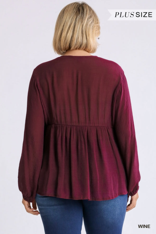Plus Embroidered Yoke V-Neck Long Sleeve Top