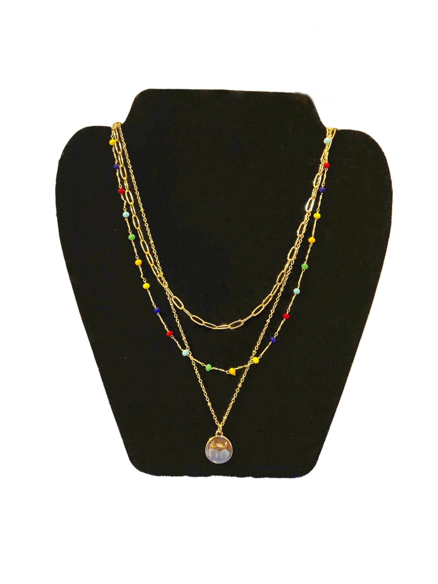 Triple strand multicolored necklace