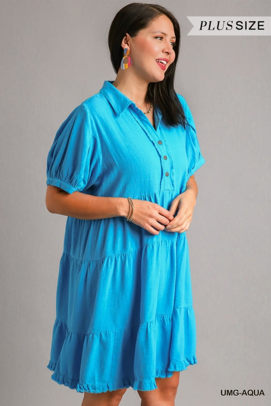PLUS-Puffed sleeve linen dress