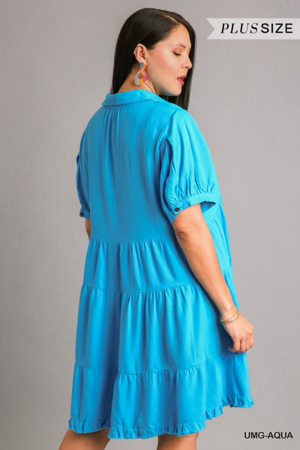 PLUS-Puffed sleeve linen dress